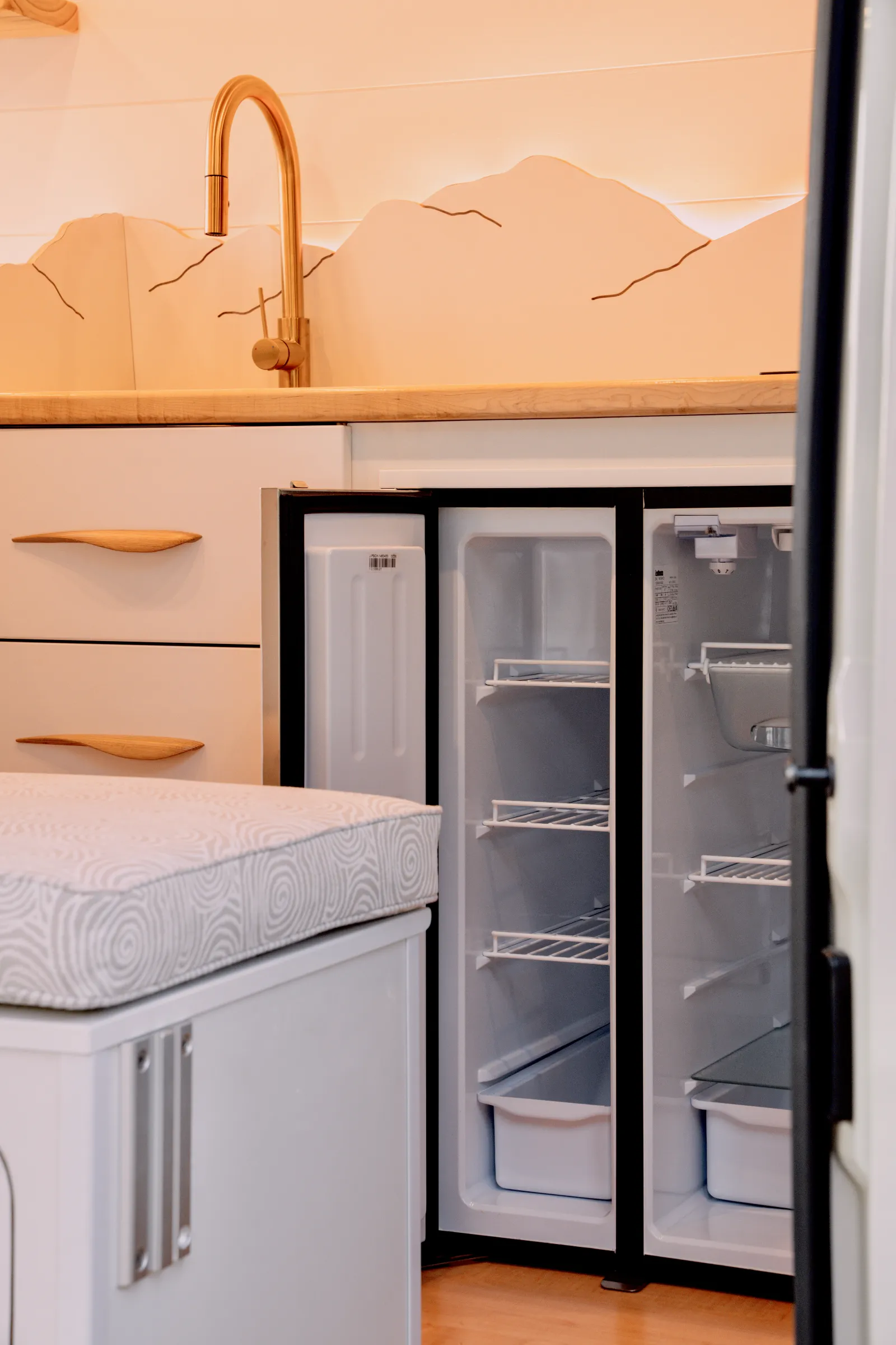 Fridge and freezer beside the brass faucet